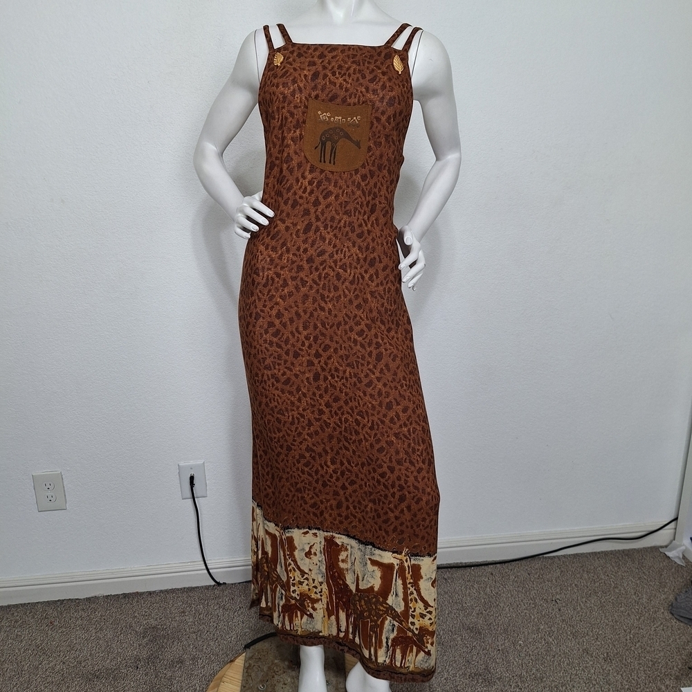 Brown Giraffe Animal Print Linen Boho Bohemian W/Pocket Sleeveless Maxi Dress